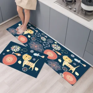 Dark blue kitchen rug with cats